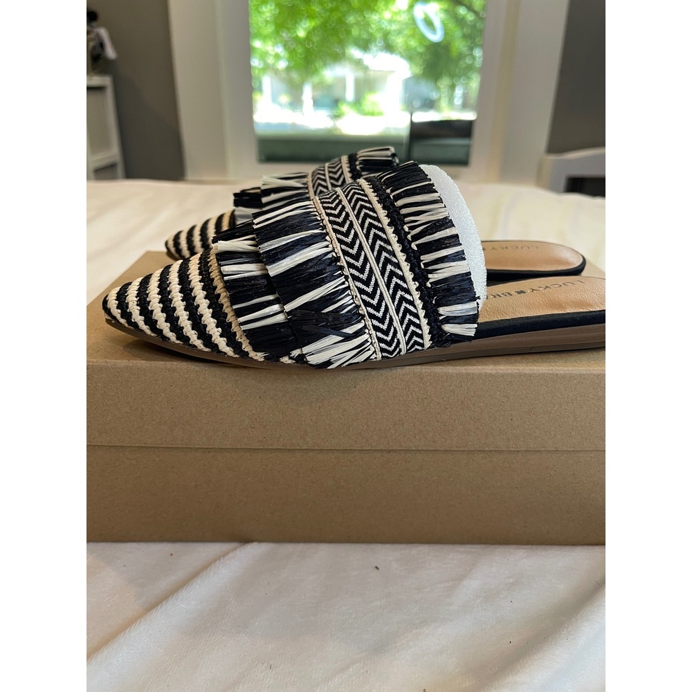 Lucky Brand Baoss Mules Black Natural Woven Pele Tape Fringe Pointed Toe Flats - Picture 7 of 8